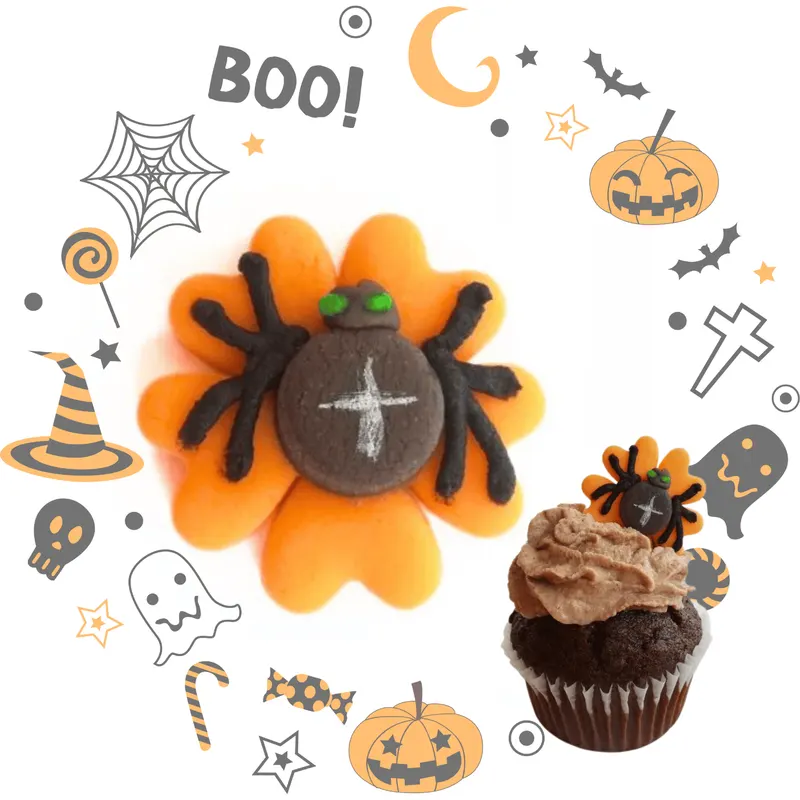 Dekorace z kokosového marcipánu ve tvaru pavouka na zdobení dortů a zákusků při halloweenských oslavách