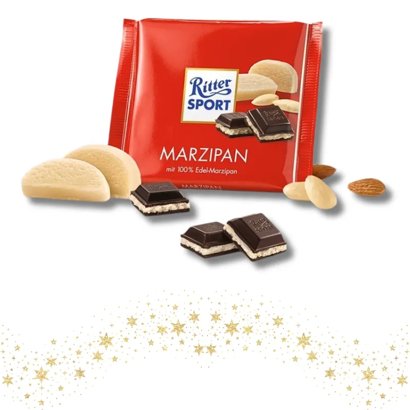 Vánoční čokoláda Ritter Sport s marcipánovou náplní a hořkou čokoládou v limitované sváteční edici, 100g tabulka