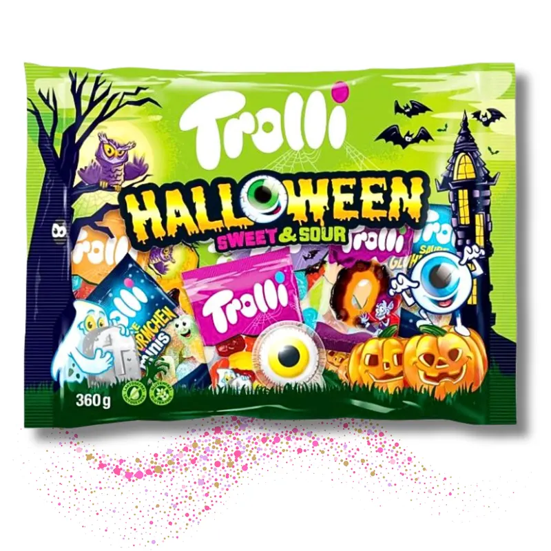 Gumové želé bonbóny Trolli Halloween v party mixu s tvary upírů, lebek a očí