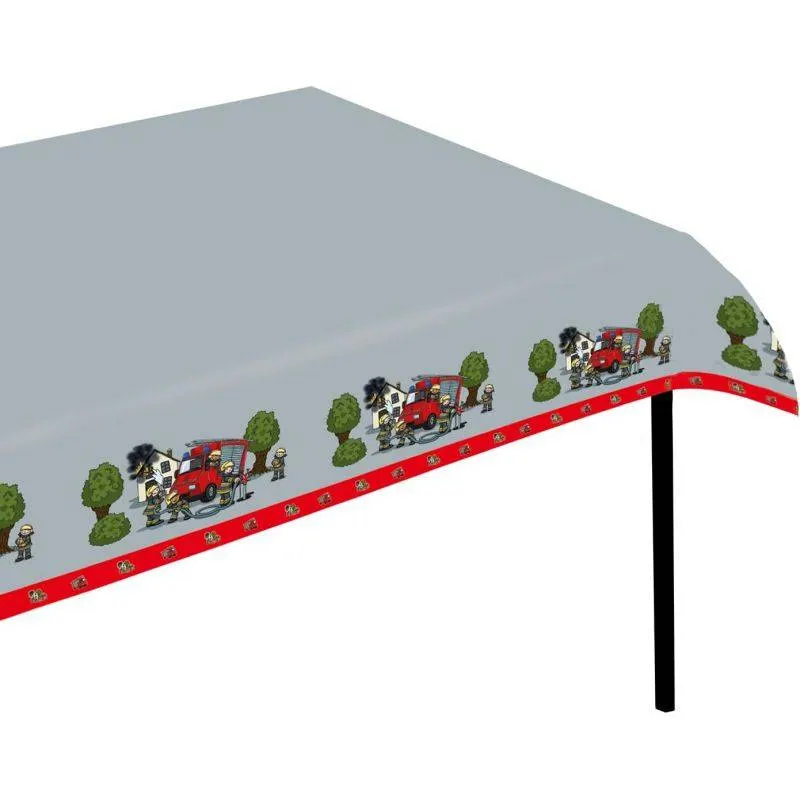 Plastový ubrus s motivem hasičů, rozměr 180 x 120 cm, vhodný na tematickou dětskou oslavu