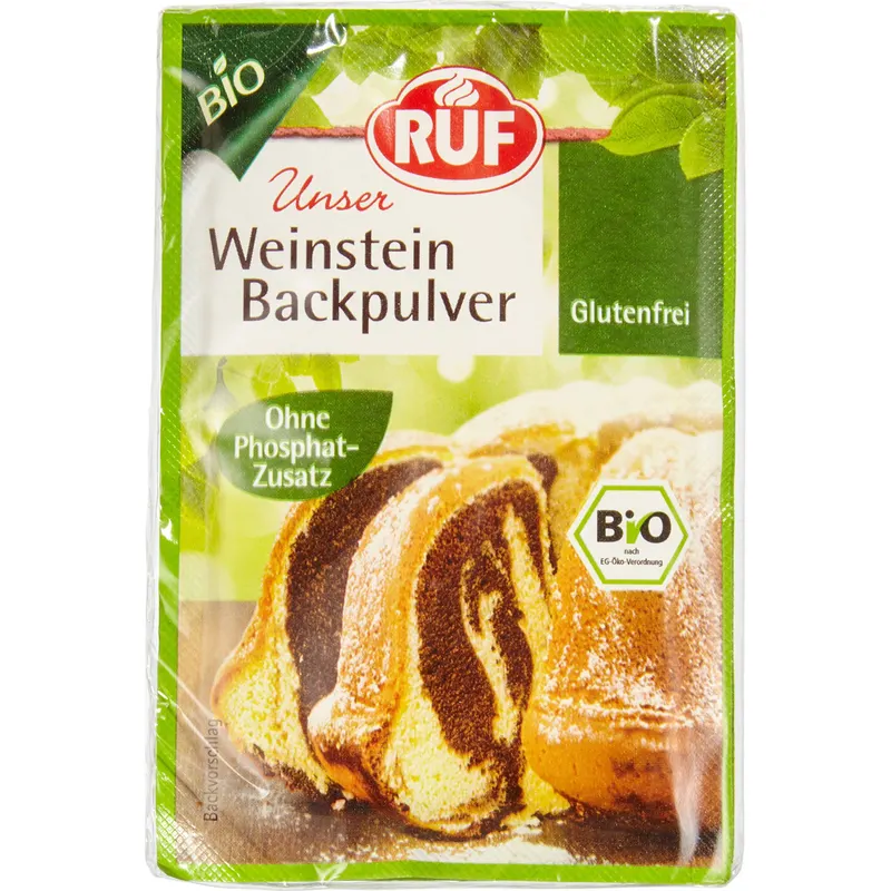 Bio prášek do pečiva RUF v balení se třemi sáčky po 20 g pro kypření domácích dortů a bábovek