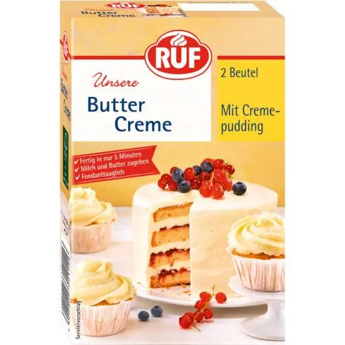 Práškový máslový krém značky RUF v balení 140 g pro přípravu nadýchané náplně a zdobení dortů a cupcakes