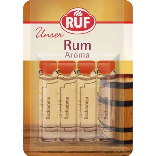 Aroma rum RUF v balení čtyř ampulek po 2 ml pro dochucení pečiva a cukroví
