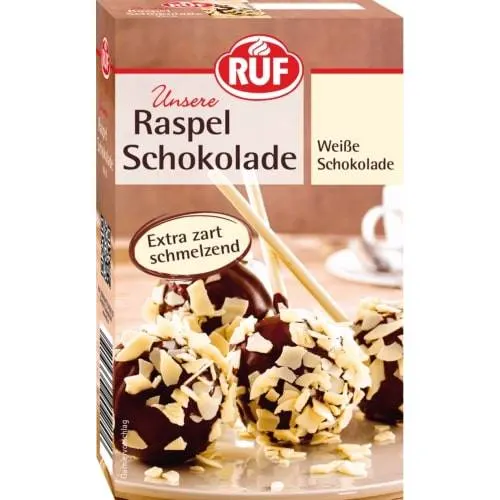 Bílé čokoládové kousky značky RUF v balení 100 g určené k dekoraci dortů, krémů a muffinů