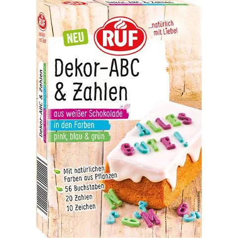 Barevná čokoládová čísla a písmena RUF v balení 32 g na zdobení dortů a cukroví