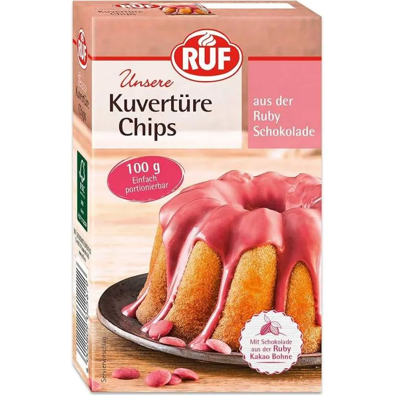 Ruby čokoláda RUF v růžové barvě s ovocnou chutí, couverture k polevám a ozdobám dortů o hmotnosti 100 g