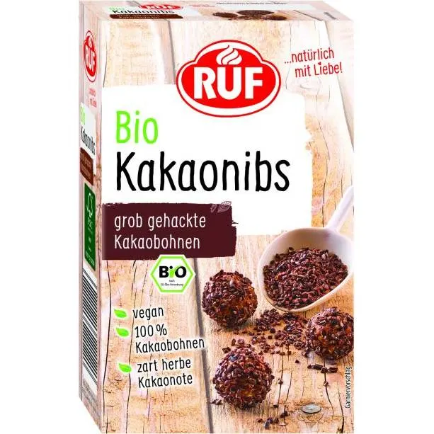 Bio kakaové boby drcené na kousky od značky RUF, 100% kakao, k pečení a zdobení dezertů