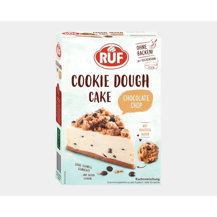 Sušenkový dort RUF s chutí cookie dough a čokoládovými kousky, připravitelný bez pečení