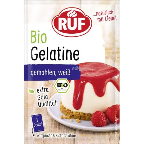 Bio želatina od značky RUF pro zpevnění krémů, želé a ovocných náplní při pečení dortů