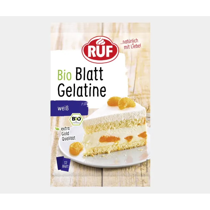 Bio listová želatina RUF bílá v balení 12 ks po 20 g, vhodná k želírování krémů a dezertů