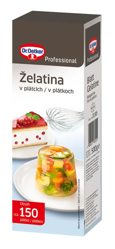 Plátková želatina Dr. Oetker v balení 500 g k ztužení krémů, želé a dezertů