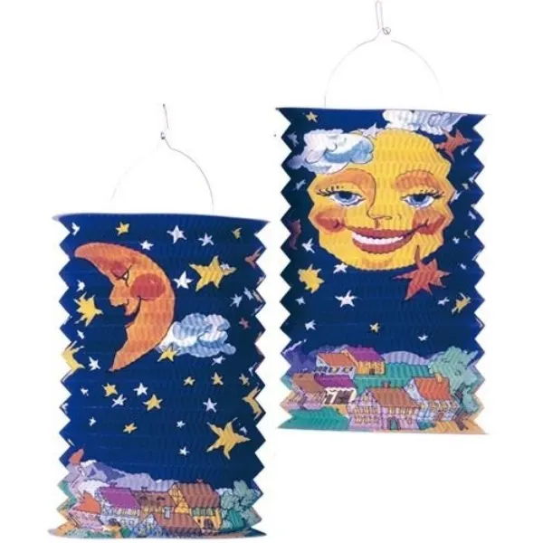 Závěsný lampion válec Amscan ve tvaru měsíce s motivem hvězd a vesniček na tmavě modrém pozadí, 28 cm