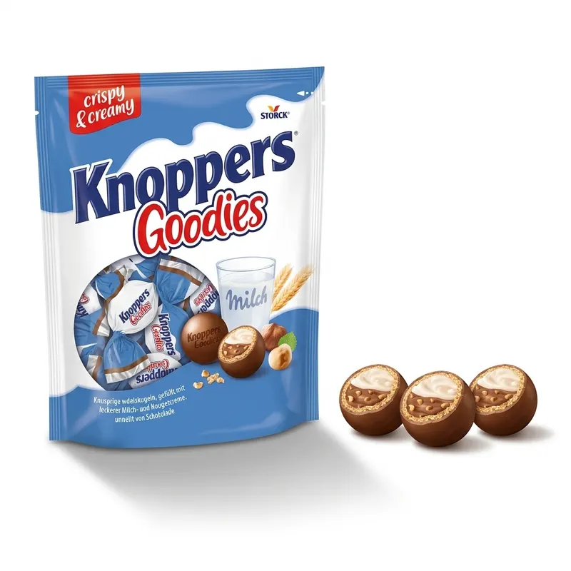 Oplatkové kuličky Knoppers Goodies s mléčným a nugátovým krémem obalené v čokoládě, balení 180 g