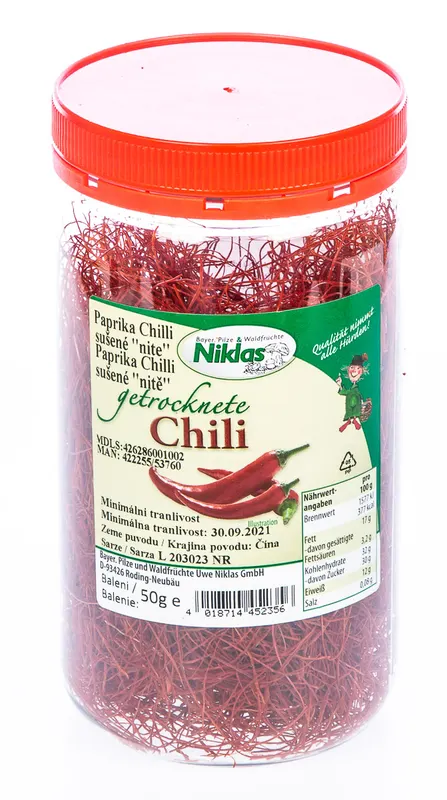 Sušené chilli nitě v balení 50 g na ochucení a zdobení pokrmů a dezertů