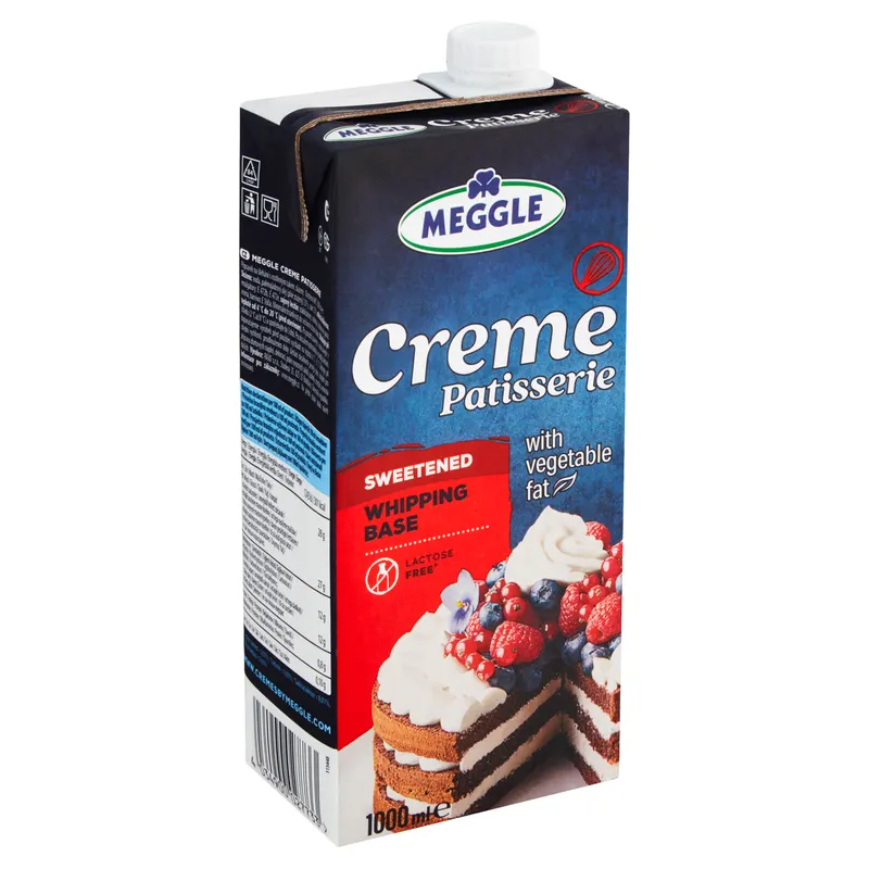 Slazený rostlinný šlehačkový krém MEGGLE Creme Patisserie v litrovém balení na zdobení a plnění dortů a zákusků