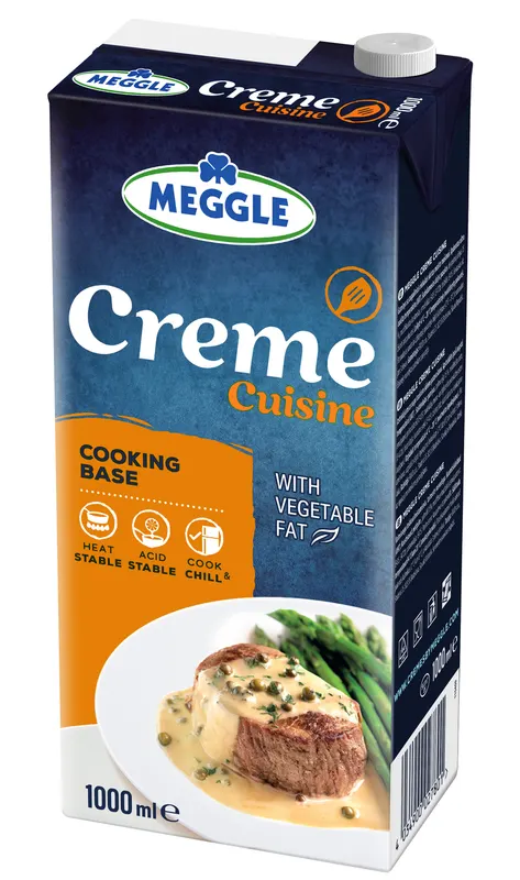 Meggle Creme Cuisine 15 % s rostlinným tukem, chlazená vařicí smetana v litrovém balení na šlehání i vaření