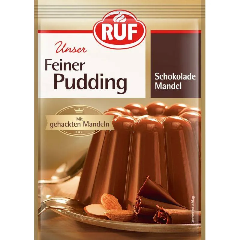 Mandlový puding v prášku od značky RUF, balení 3 × 50 g na přípravu dezertů a dortových krémů