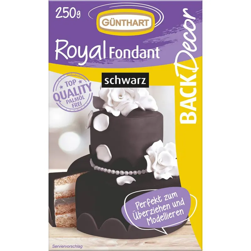 Černý královský fondán Günthart v balení 250 g, potahovací hmota na dorty pro sytě černou barvu a elegantní dekoraci