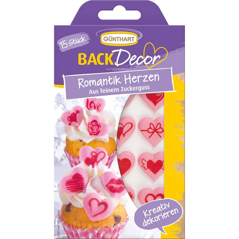 Cukrové dekorace ve tvaru srdce od značky Günthart, balení 15 kusů pro zdobení dortů a cupcaků