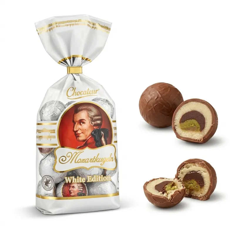 Mozartovy koule Chocateur v bílé čokoládě s marcipánovou a lískooříškovou náplní, 297 g