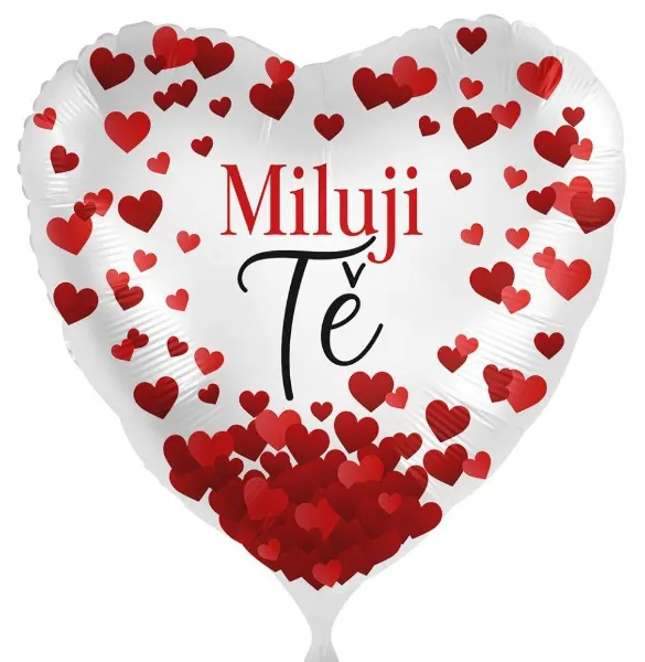 Foliový balonek s červenými srdíčky a nápisem Miluji tě, vhodný jako romantická dekorace na Valentýna, výročí nebo svatbu