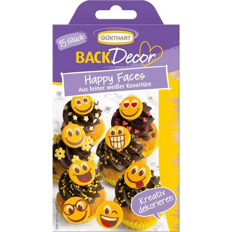 Čokoládové dekorace ve tvaru smajlíků od značky Günthart, 15 kusů, na zdobení dortů a cupcaků