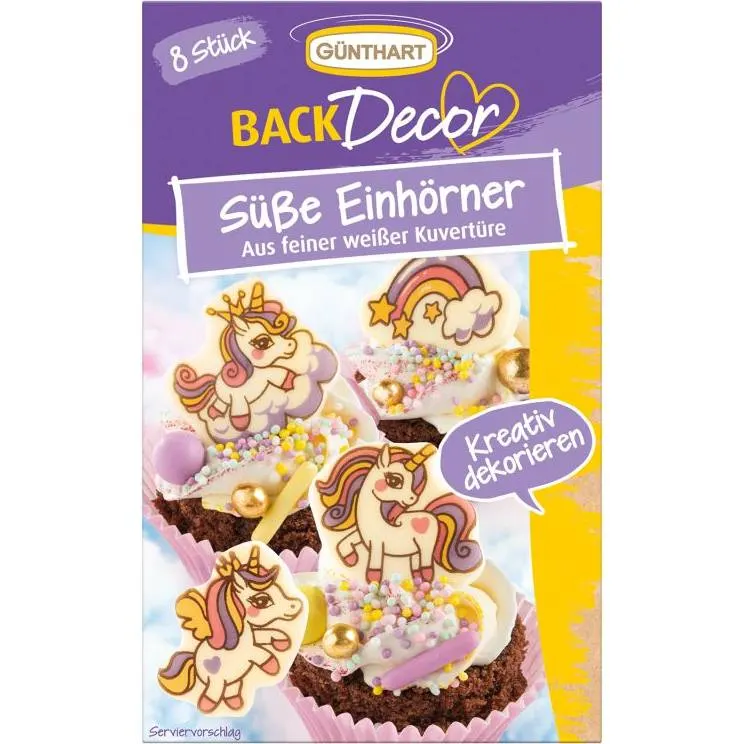Čokoládové dekorace ve tvaru jednorožce od značky Günthart, balení 8 ks pro zdobení dortů a cupcakes