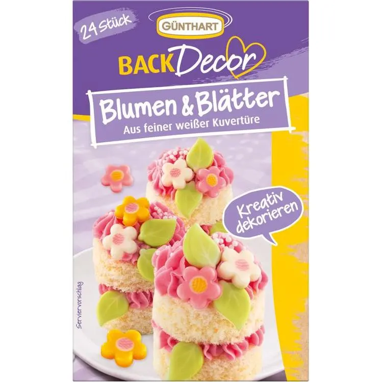 Květy a listy z bílé čokolády Günthart, 24 ks, jedlé zdobení na dorty a cupcakes