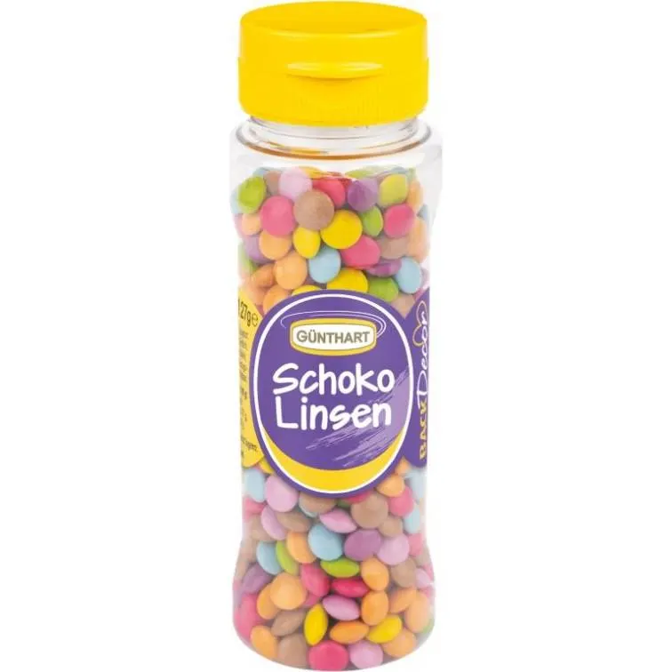 Čokoládové lentilky Günthart v pestrých barvách pro zdobení dortů, cupcakes a zmrzlinových pohárů, balení 127 g