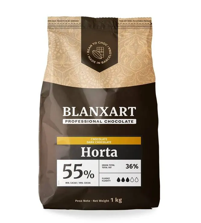 Pravá hořká čokoláda Horta od značky Blanxart s 55% kakaa v balení 1 kg, vhodná pro pečení, krémy a polevy