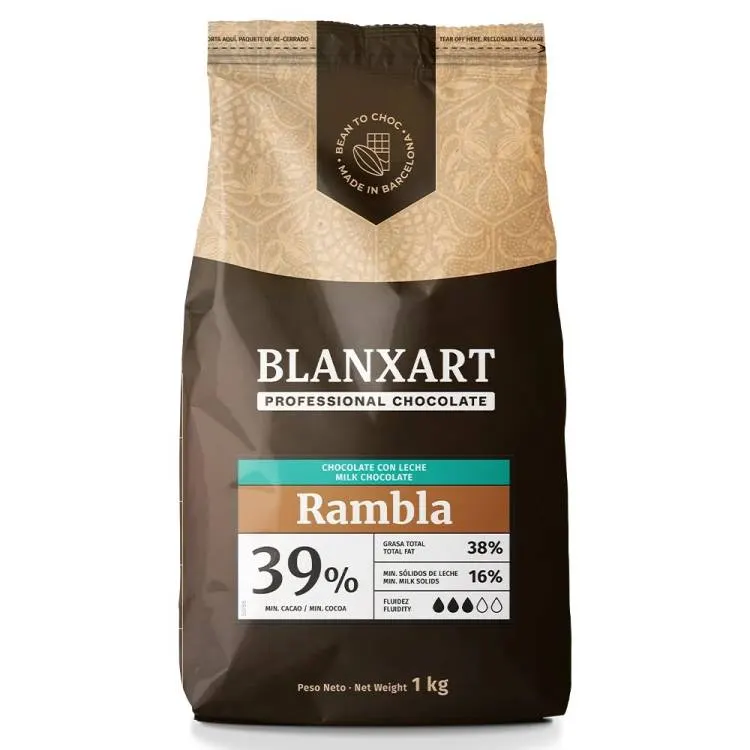 Blanxart pravá mléčná čokoláda Rambla 39 % v balení 1 kg určená k pečení, polevám a odlévání pralinek