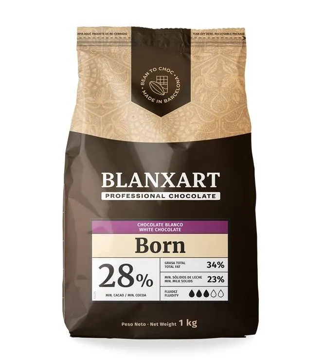 Pravá bílá čokoláda Blanxart Born 28% v balení 1 kg vhodná na pečení, polevy a odlévání dortů a pralinek