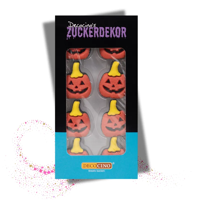 Cukrové dekorace DecoCino ve tvaru halloweenské dýně, balení 8 kusů po 26 g na zdobení dortů a muffinů