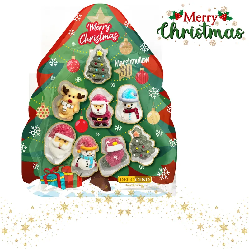 Vánoční marshmallow dekorace DecoCino v 3D tvarech sněhuláka, soba a Santy, 8 kusů na zdobení cukrovinek