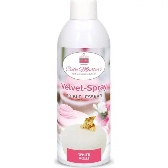 Bílý sametový sprej na dorty Cake Masters s objemem 400 ml pro rovnoměrné matné pokrytí cukrářských výtvorů