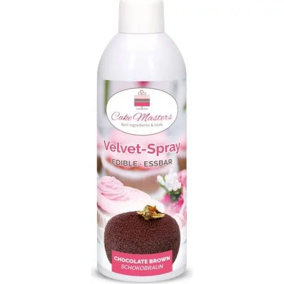 Velvet sprej čokoládově hnědé barvy od značky Cake Masters o objemu 400 ml pro sametové obarvení dortů