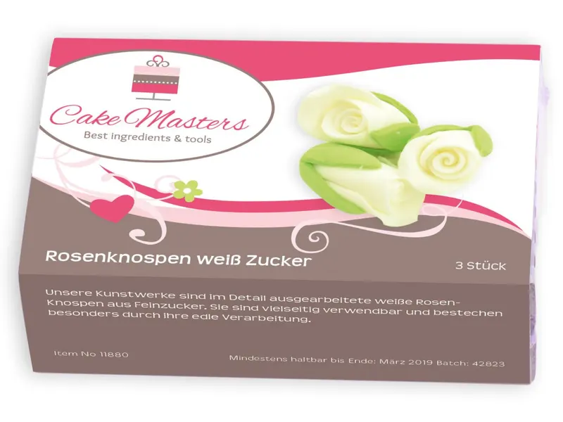 Cukrová dekorace na dorty ve tvaru růžových poupátek, bílé barvy, průměr 35 mm, balení 3 ks od značky Cake Masters
