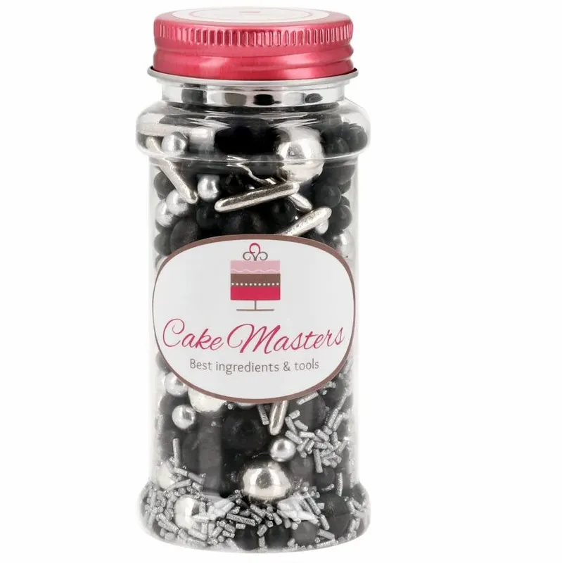 Cake Masters zdobení na cukroví a dorty, mix černých a stříbrných cukrových dekorací, 80 g