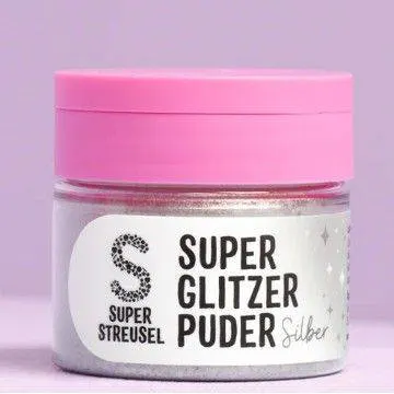 Prachová jedlá barva Super Streusel ve stříbrné barvě s metalickým třpytem, 10 g, na zdobení dortů a marcipánu