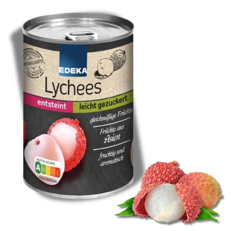 Zavařenina z liči v plechovce od značky EDEKA s celými plody, lehce oslazená, 425 g