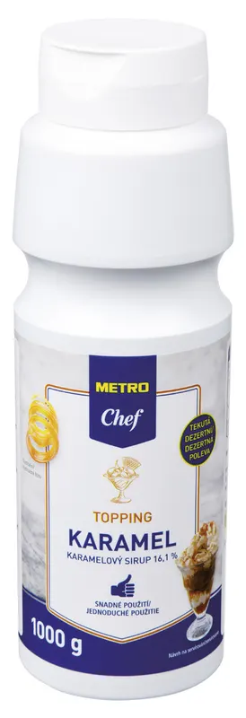 Karamelový topping METRO Chef v objemu 1 kg určený na dekoraci zmrzliny, dezertů a dortů