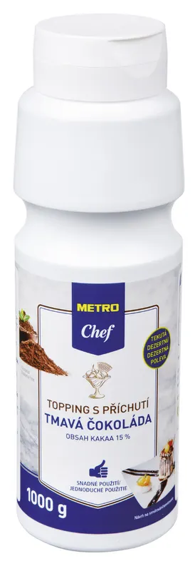 Tekutý čokoládový topping s příchutí tmavé čokolády v balení 1 kg od značky METRO Chef určený na zdobení dezertů