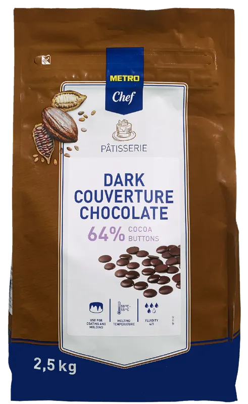 Hořká čokoláda 64% v čočkách od značky METRO Chef, balení 2,5 kg, vhodná na tavení do krémů, ganache a polev