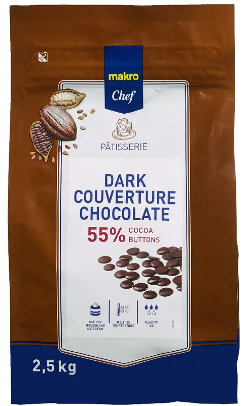 Hořká čokoláda 55% METRO Chef ve formě čokoládových čoček pro pečení a přípravu polev a krémů, balení 2,5 kg