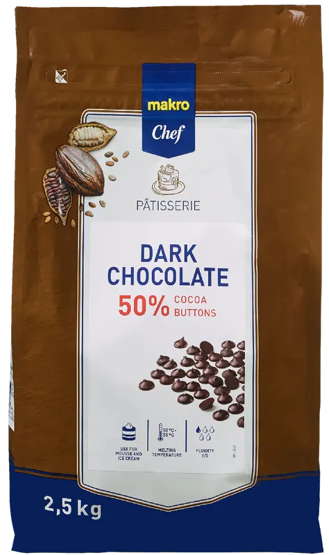 Hořká čokoláda 50% kakaa ve formě čoček od značky METRO Chef, vhodná na polevy, krémy a ganache
