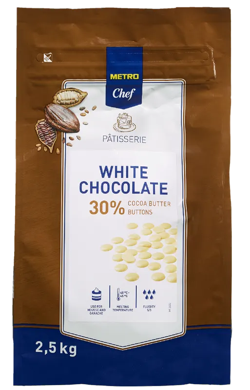 Bílá čokoláda METRO Chef ve formě čoček s 30% kakaového másla, balení 2,5 kg pro pečení a zdobení dezertů