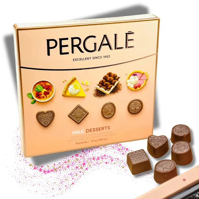 Pralinky Pergalé Milk Dessert z Litvy s příchutí koláčů v bonboniéře o hmotnosti 113 g