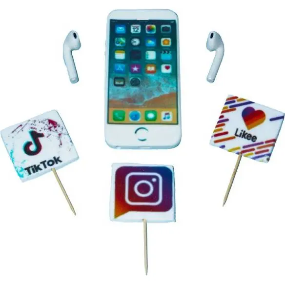 Cukrová figurka zápich na dort s motivem sociálních sítí od značky I love Cakes, jedlá dekorace pro narozeninové dorty