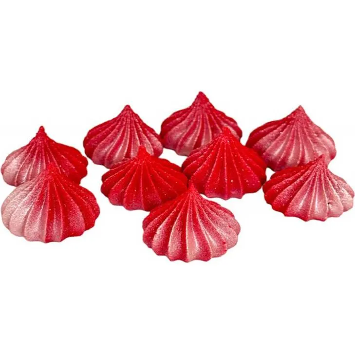 Mini cukrové pusinky v červené barvě se stříbrnými třpytkami, 9 kusů, značka I love Cakes, k zdobení dortů a cupcakes