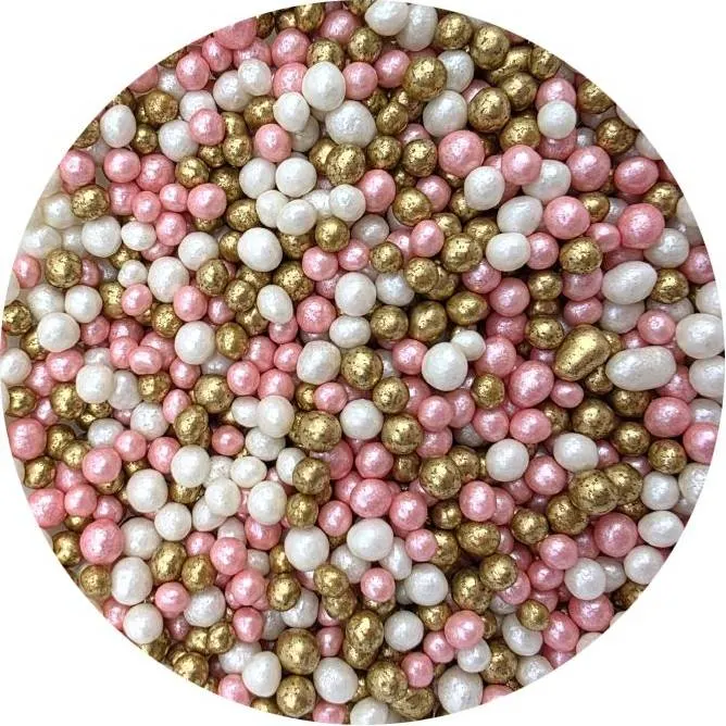 Cukrovo-rýžové perly v růžové, bílé a zlaté barvě o průměru 5 mm na zdobení dortů a cukroví, balení 80 g